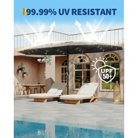 15FT Large Patio Umbrella with Base and Solar Lights, Double-Sided Rectangle Umbrella Oversized Shade for 8-10 People,36 LED Lights and Weighted Base for Pool, Deck, Backyard,Grey