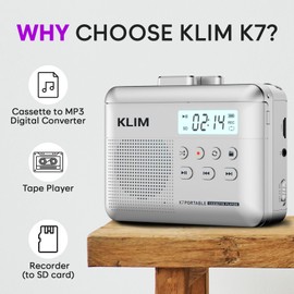 KLIM K7 Cassette Tape Player - Cassette to MP3 Converter - Portable - Built-in Microphone & Speaker - Rechargeable Battery - Earphones - 16GB SD Card - Silver