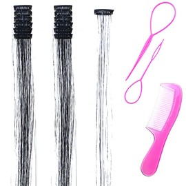 12pcs Hair Tinsel Clip in Rainbow Fairy Hair Tinsel Kit 20Inch Glitter tinsel Hair Extensions Clip in Hair Tinsel for Christmas New Year Party Sparkly Hair Accessories for Women Girls (Black)