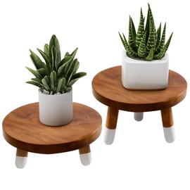 JOLLYMER 9” Round Dip Dyed Teak Plant Stand |Wood Risers for Decor | Wood Pedestal Stand Riser 4"+6" Tall-2 Pack