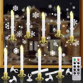 KITHOUSE 10 Set Christmas Window Candles Lights with Timer Battery Operated Electric LED Taper Candles Flameless for Windows, Gold Candle Holders, Suction Cups & 20 PCS Battery Included (10 Set)