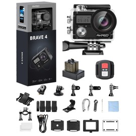 AKASO Brave 4 Action Camera 4K 30fps Ultra HD WiFi Sport Cameras with 170° FOV, Image Stabilization, 131FT Waterproof Underwater Camera with 2x1050mAh Batteries, Bicycle Accessories Kit