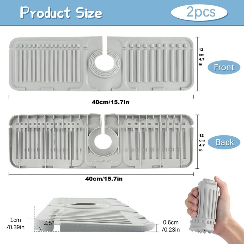 2 Pcs 40x12 cm Silicone Faucet Mats for 3.5-6cm Faucets