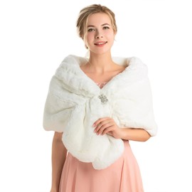 JAKAWIN Women’s Faux Fur Wraps and Shawls Bride Wedding Fur Stole Bridal Fur Shrug Winter Fur Scarf Cover Up for Women (14-22, 1 White)