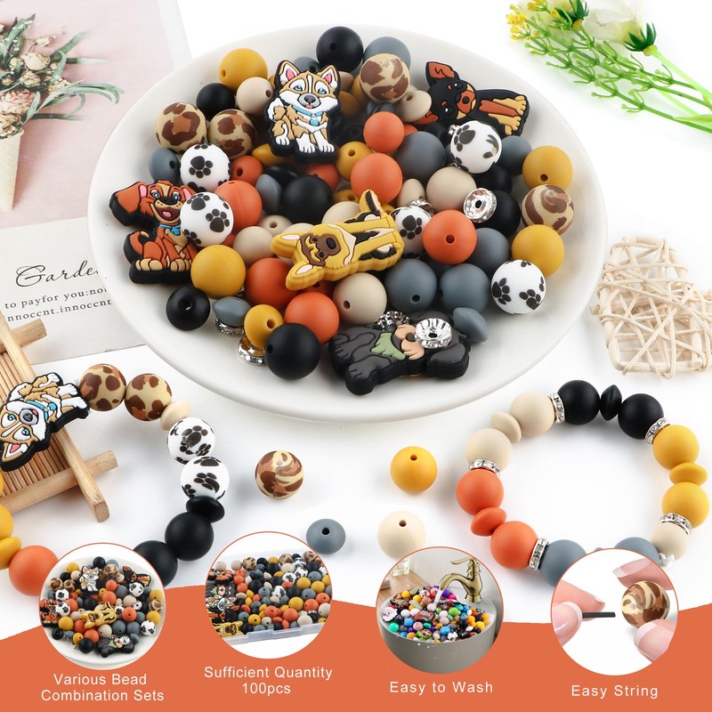 Kovict 100Pcs 12mm 15mm Dog Focal Silicone Beads for Keychain