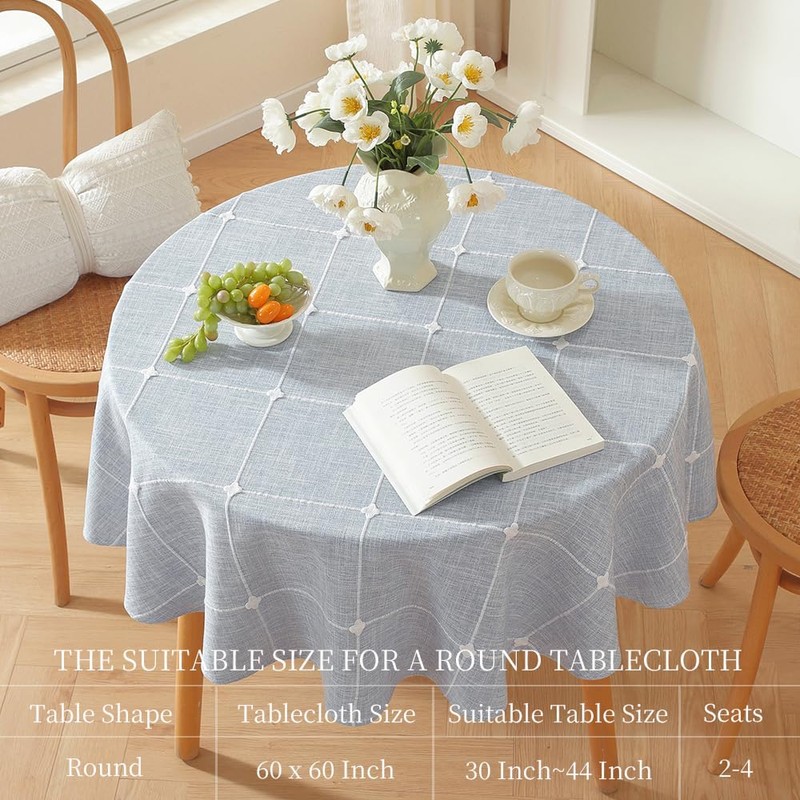 Zobesta 60 Inch Round Tablecloth Blue Linen Round Table Cloth