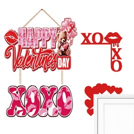 Valentines Day Door Sign, Red Pink Wooden Sign, Happy Valentines Day Decor for Front Door, Pattern Wood Wall Hanging Sign with Ribbon Home Decorations