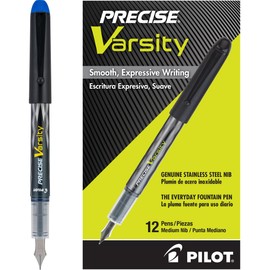 PILOT Precise Varsity Pre-Filled Fountain Pens, Medium Point Stainless Steel Nib, Blue Ink, 12-Pack (90011)
