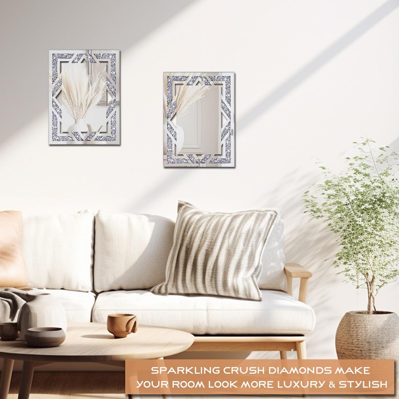 2 Piece Rectangular Hollow Crushed Diamond Decorative Mirror, Silver Crushed