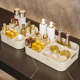 DASITON Large Capacity Makeup Organizer,12 Slots Makeup Brush Holder,Makeup Storage with Handle,Vintage Striped Cosmetic Organizer for Bathroom Countertops,Desk Storage Container(Cream)