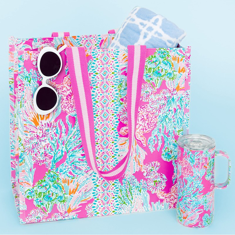 Lilly Pulitzer Pink Market Shopper Bag, Reusable Grocery Tote with