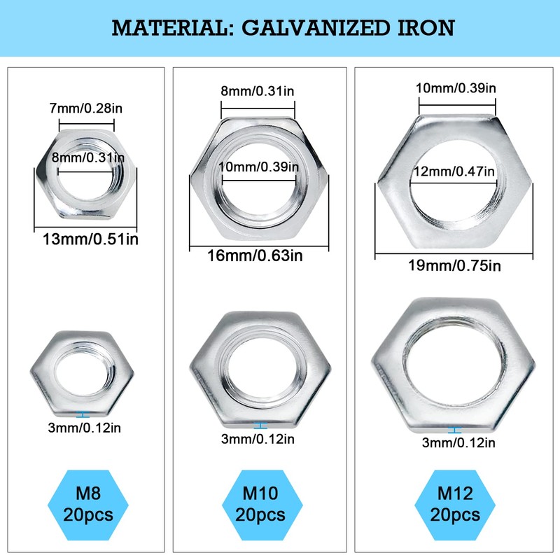 Hexagon Nuts M8 M10 M12 Galvanized Thin Nut Pitch Metric