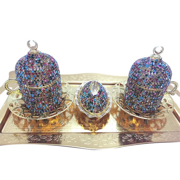 Multi ColorTwo Pieces Set of Swarovski Coffee Cup - Crystal Coated Coffee Cup - Ottoman Turkish Greek Arabic Coffee Espresso Cups - Golden Color Serving Cups and Saucer Set