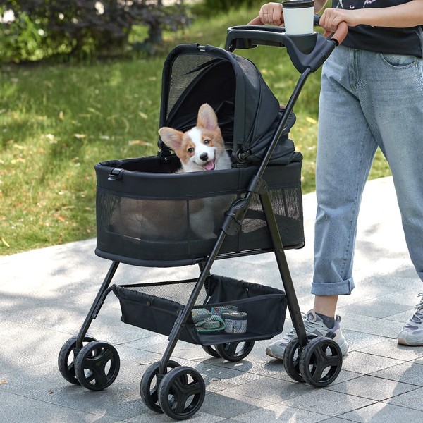 Zoosky 3 in 1 Folding Dog Stroller, Pet Folding Stroller, 4 Wheels Dog/Cat Puppy Stroller w/Removable Travel Carrier for Small/Medium Pet, Waterproof Pad, Car Seat, Sun Shade