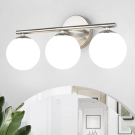foucasal Brushed Nickel Bathroom Light Fixtures 3-Light Globe Vanity Light with Plastic Milk White Globe Shades 11.81 inch Wall Sconce Lighting Over Mirror Vanity Lights for Bathroom Bedroom Hallway