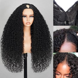MEGALOOK 26 Inch V Part Wig Human Hair 12A Deep Curly Wig Human Hair Glueless U Part Human Hair wig 200% Density Beginner Friendly No Sew In No Glue Half Wigs For Women