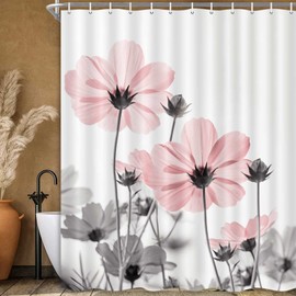 MERCHR Unique Floral Pink Shower Curtain for Bathroom Decor, Pink and Grey Daisy Flower Elegant Wildflower Design Farmhouse Shower Curtains with Hooks Set, 71 X 78 Inches