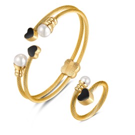 Tiyad Cable Cuff Bracelet Twisted Cable Wire Bangle Bracelet Ring Set Fashion Jewelry Open Bangle Bracelets with Ring for Women (Gold)