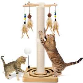 Cat Scratching Post, Sisal, Interactive Furniture Toys for Indoor Cats Adults, 2 Mounting Methods Scratcher Tree Tower with Hanging and Ball Track, Activity Center for Kitten, 25 inches