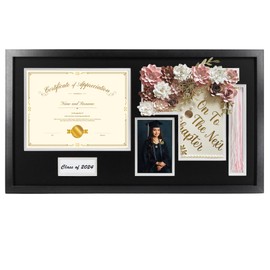 Hodeframe 14x26 Black Shadow Box Diploma Frame with Graduation Cap & Tassel Holder for 8.5x11 Diploma and 4x6 Photo with MDF Wood and Plexiglass, White Over Black Mat for Wall, Graduation Keepsakes