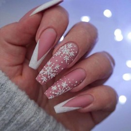 24Pcs Christmas Press on Nails with Snowflake Designs French Glossy Full Cover Square Xmas Artificial Fake Nails Long Acrylic Winter Coffin False Nails with Glue Stick on Nails for Women Girls