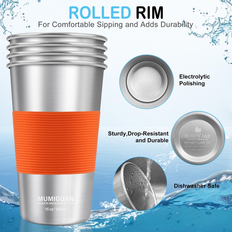 16 oz Stainless Steel Pint Cups with Silicone Sleeves 16oz/500ml