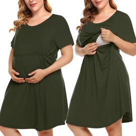 MONNURO Women's Plus Size Nursing Dress Short Sleeve Color Block Labor Delivery Maternity Nightgown Dress for Breastfeeding(ArmyGreen-pure,4X), Armygreen-pure, 4X
