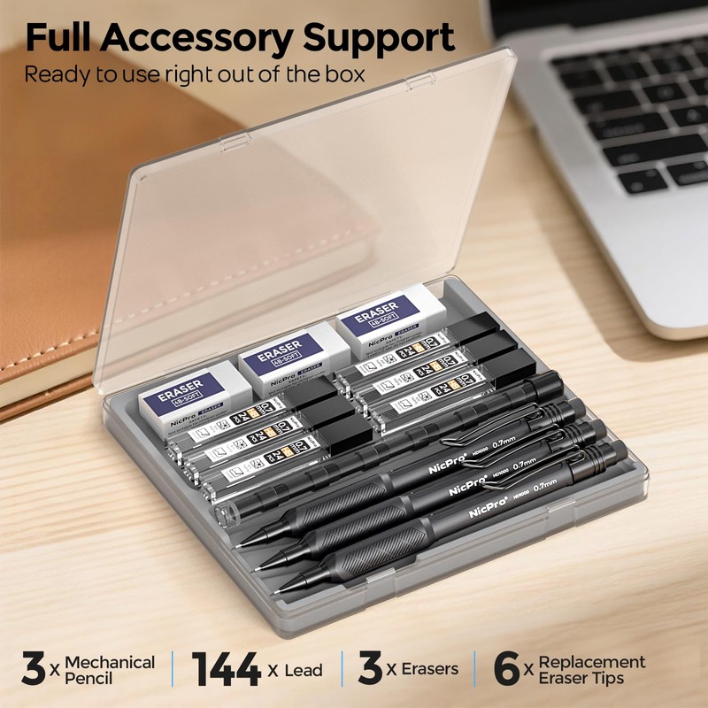 Nicpro 0.7 mm Mechanical Pencil Set with Case, 3PCS HD1000
