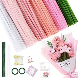 540Pcs Pipe Cleaners Craft,6 Colors Pipe Cleaners Bulk,Chenille Stems for DIY Flower Making Kit with Floral Wires,Tape,Stamen,Ribbon & 15 Video Tutorials for Party Decorations,Gifts (Pink, 12in x 7mm)