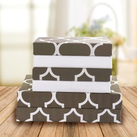 Elegant Comfort 6-Piece Quatrefoil Printed Deep Pocket Bed Sheet Set, Luxurious Silky 1500 Thread Count Bed Sheet Set Ultra Soft Wrinkle Resistant Bedding Set, King, Gray