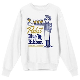 Bioworld Pabst Blue Ribbon Bartender With Beer Logo Men's White Long Sleeve Sweatshirt-Large