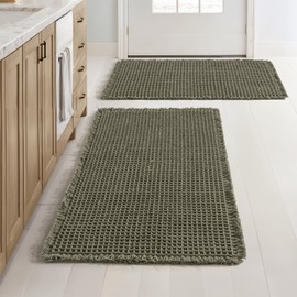 MIULEE Set of 2 Waffle Bathroom Rugs, Super Absorbent Non Slip Bath Rugs, Machine Washable Bath Mats with Tassels, Ultra Soft Rubber Backed Shower Mats for Bathroom Floor, Tub, Green, 18x30 Inch