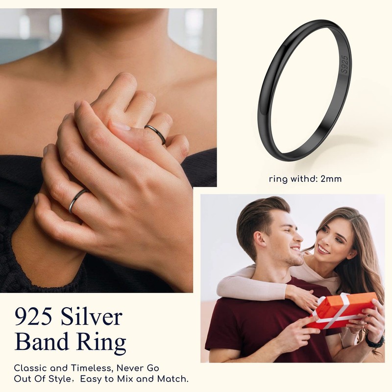 Suplight Black Ring Sterling Silver Stackable Wedding Bands Womens Dainty