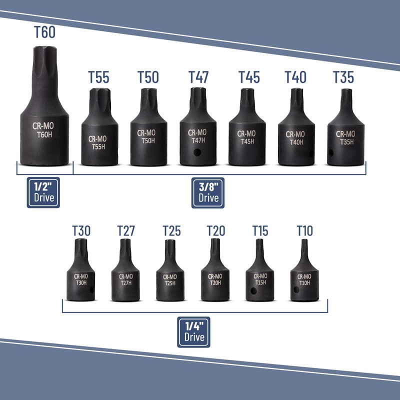 Bates- Torx Bit Socket Set, 13 pcs, T10-T60, 1/4" 3/8"