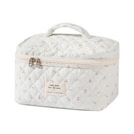 uekeboag Large Travel Quilted Makeup Bag for Women, Floral Cotton Cosmetic Bag, Coquette Aesthetic Floral Toiletry Organizer Bag, White-Cherry, Floral Cotton