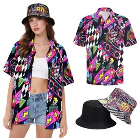 Hippie Tops Women's Hawaiian Outfit Blouse Costume Set Flower Power 80s Shirt Women 90s Vintage Shirt 70s Clothing Casual Retro Tops Carnival Fancy Dress Costume, 90S-Wow, L