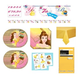 Beauty and the Beast Belle Party Supply Bundle Set for 16 includes 16 Lunch Paper Plates, 16 Paper Napkins, 1 Yellow Table Cover, 1 Giant Happy Birthday Banner, 8 Tattoos