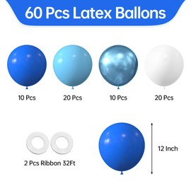 KALOR Blue White Balloons, 60 Pcs 12 Inch Metallic Blue Chrome Latex Balloons Kit for Baby Shower Birthday Bridal Shower Wedding Party Decorations