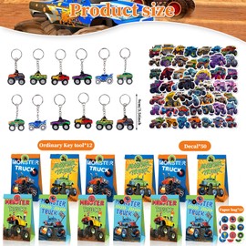 74 Pieces Monster Truck Children's Birthday Party Gifts, Monster Truck Birthday Decoration, Gifts Theme Party, Truck Party Bags, Includes Gift Bags, Birthday Keyring Stickers