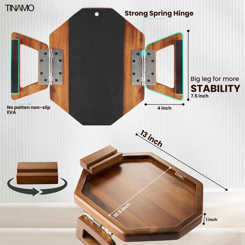 Tinamo Octagonal Acacia Sofa Arm Tray, Couch Armrest Table with