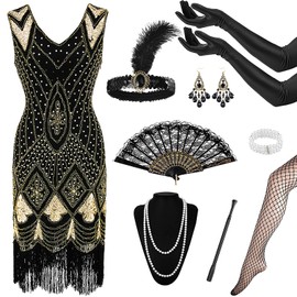 9 Pieces Women's 20s Costume, Charleston Fringe Dress, 1920s Women's Flapper, 1920s V-Neck with 20s Accessories, Necklaces, Earrings, for 20s Dress Party