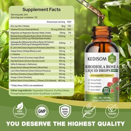 KEDISOM 16 in 1 Liposomal Rhodiola Rosea Tincture 2 Fl Oz - Rhodiola Supplement with Ashwagandha, L-Theanine, Turmeric - Rhodiola Rosea Extract Liquid Drops for Energy, Mood, Relaxation