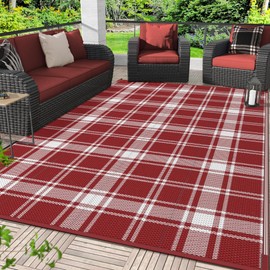 GENIMO Waterproof Outdoor Rug for Patio Clearance, 5'x8' Reversible Plastic Straw Rugs, Lightweight RV Camping Mat for Camper, Balcony, Deck, Backyard, Picnic, Red & White