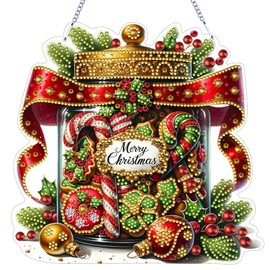 VODAPYC Christmas Candy Diamond Art Painting Hanging Kit, DIY Double Sided Special Shaped Christmas Diamonds Art Window Pendant Hanging Ornament with Hook(Candy Jar)