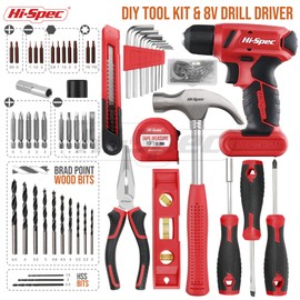 Hi-Spec 58pc Red 8V USB Electric Power Cordless Drill Driver and Home DIY Tool Kit Set. Screw Driver and Drill Bit Set Accessories, Pliers and Hammer In a Toolbox Case