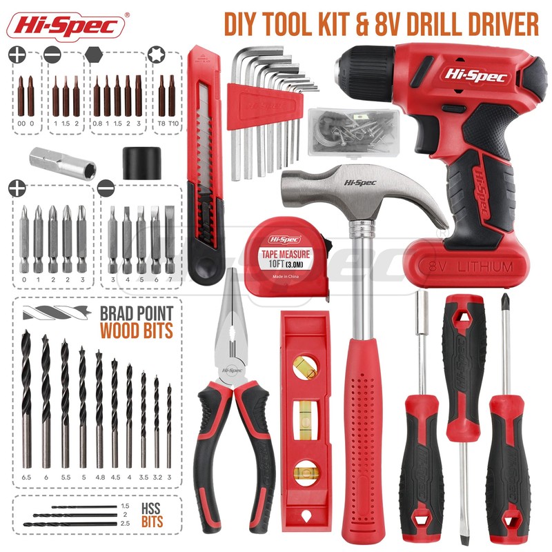 Hi-Spec 58pc Red 8V USB Electric Power Cordless Drill Driver