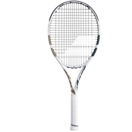 Babolat Boost Drive Wimbledon Strung Tennis Racquet, White/Gold (4 1/8" Grip) - Strung with 16g Black Babolat Syn Gut at Mid-Range Tension