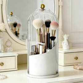 Organizador de Maquillaje Giratorio 360 Grados, Resistente al Agua | Porta Brochas con Tapa a Prueba de Polvo, Organizador de Tocador 3 Compartimentos para Cosméticos y Skincare (Transparente)