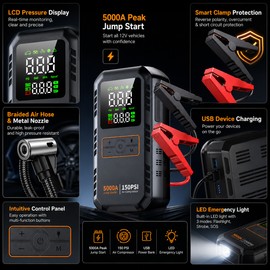 Portable Car Jump Starter with Air Compressor – 5000A Battery Booster & 150 PSI Tire Inflator for Roadside Emergencies
