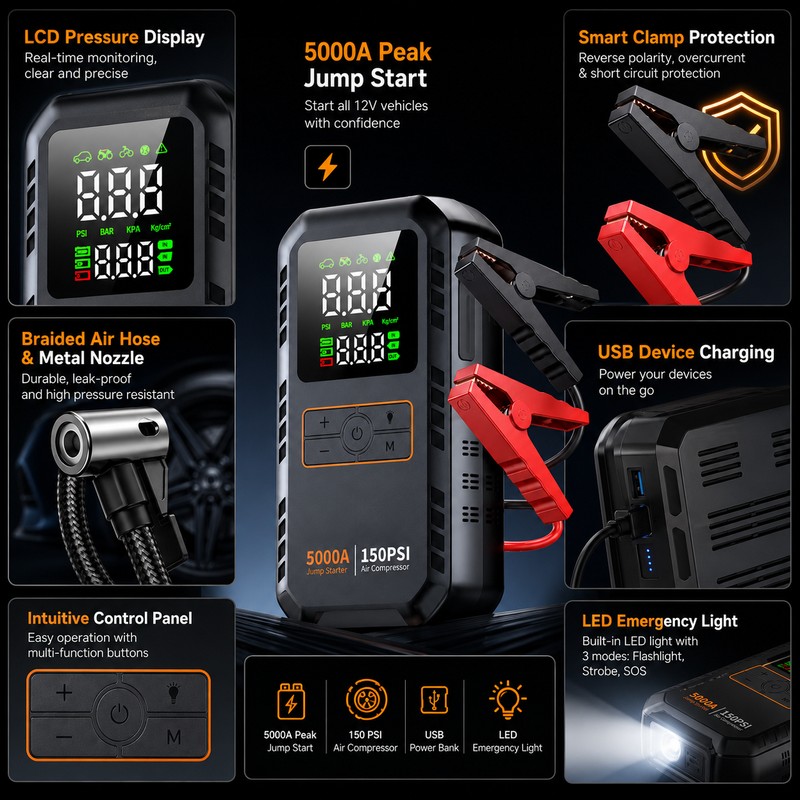 Portable Car Jump Starter with Air Compressor – 5000A Battery